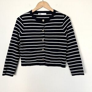 Zara Striped Knit Cardigan Black Size Medium Preppy Nautical Old Money Classy
